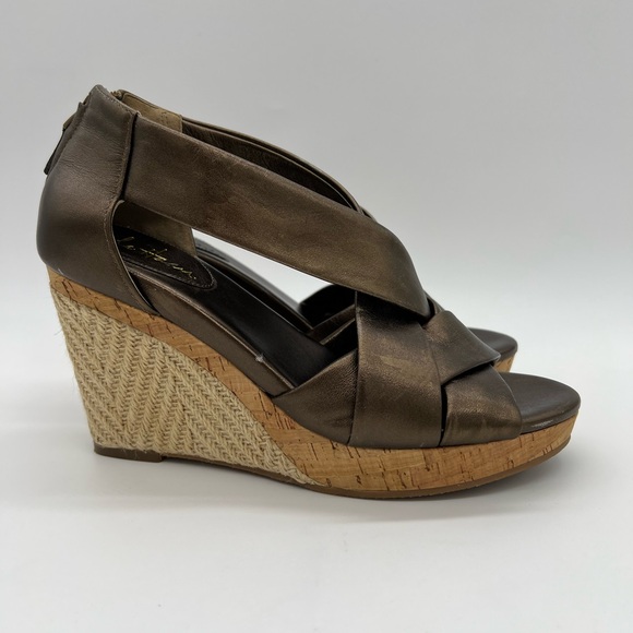 Cole Haan Wedge Sandals Metallic Bronze Leather Cork 7B Comfortable Shoes - Picture 2 of 16